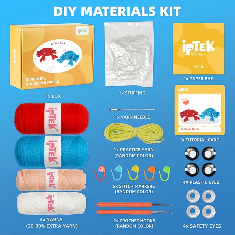 IPTEK Crochet Kit for Beginners, Learn to Crochet, Include Easy Knitting Soft Yarn, Step-by-Step Video Tutorial, Hook, Holiday Birthday Gift for Adults and Kids(2 Pack Crab) - Image 3